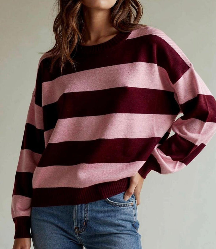 Wool Blend Slouch Crew Neck Stripe Brady Bunch Knit - Wine/Pink