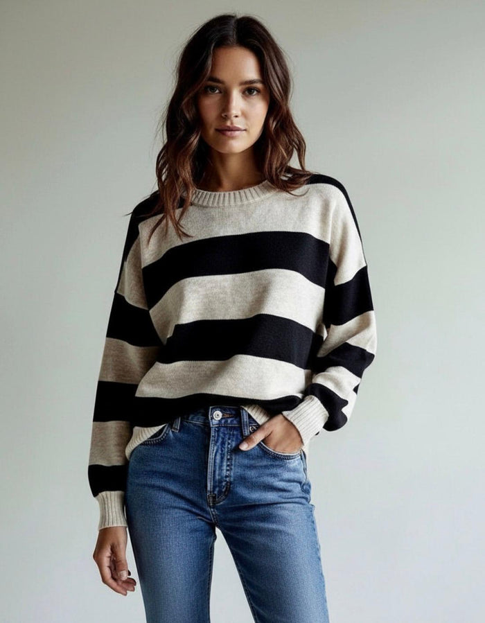 Wool Blend Slouch Crew Neck Stripe Brady Bunch Knit - Choc/Natural