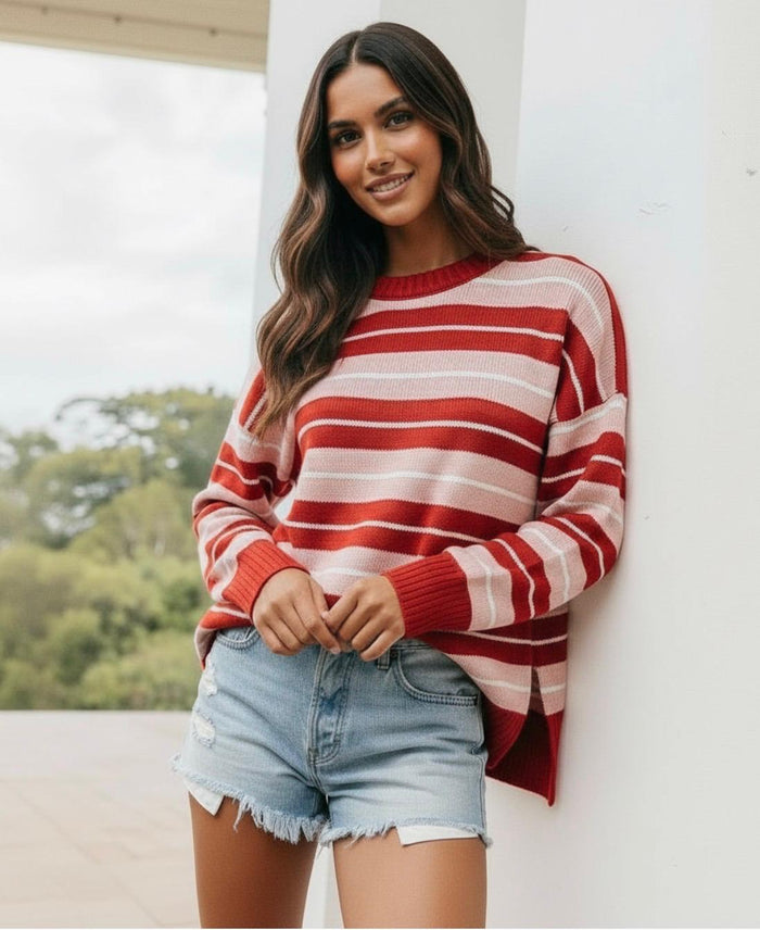 Wool Blend Multi Stripe Side Split Hi Low Knit - Red/Pink/White