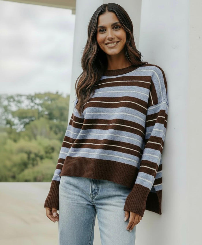 Wool Blend Multi Stripe Side Split Hi Low Knit - Chocolate/Blue/White