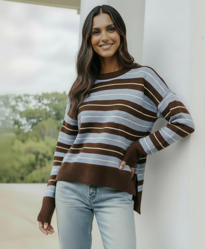 Wool Blend Multi Stripe Side Split Hi Low Knit - Chocolate/Blue/White