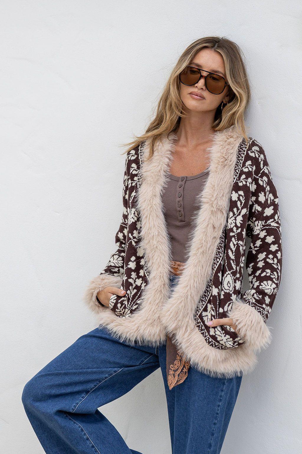 Lombard Fur Trim Knit Jacket - Chocolate