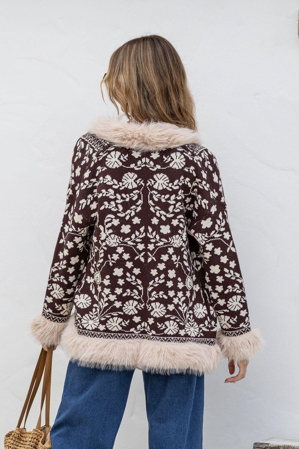 Lombard Fur Trim Knit Jacket - Chocolate