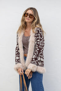 Lombard Fur Trim Knit Jacket - Chocolate
