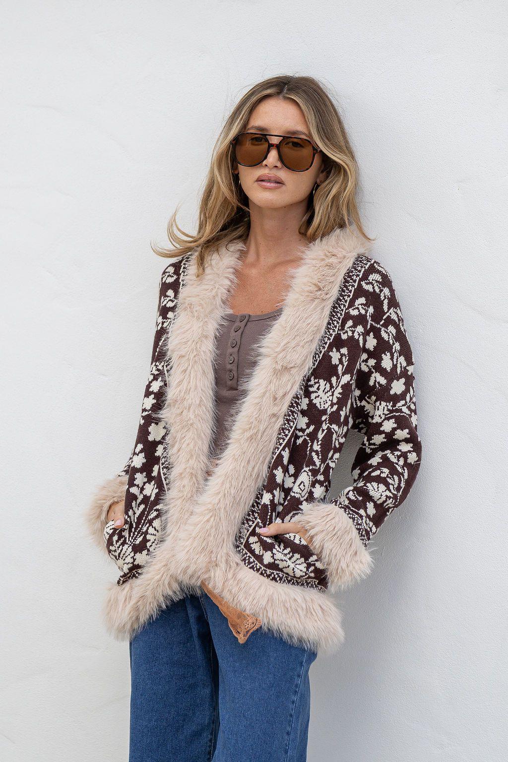 Lombard Fur Trim Knit Jacket - Chocolate