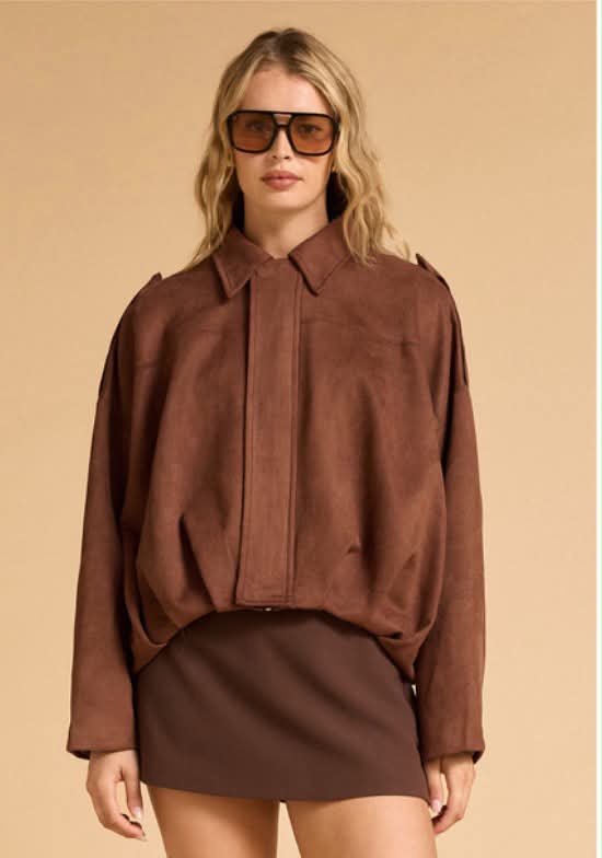 Faux Suede Bomber Jacket - Espresso