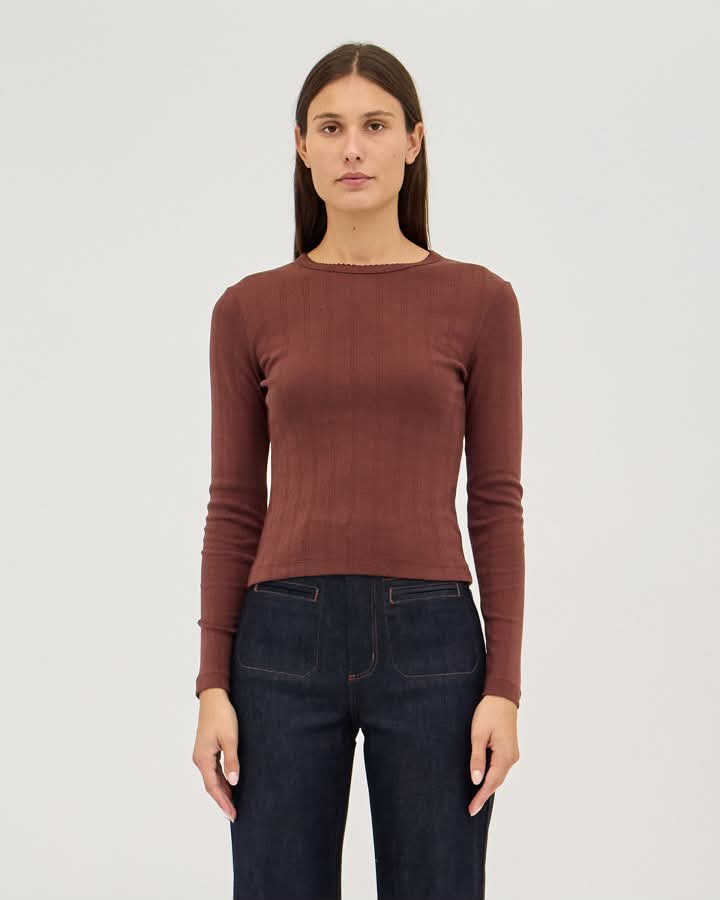 Pointelle Classic Long Sleeve Top - Chocolate