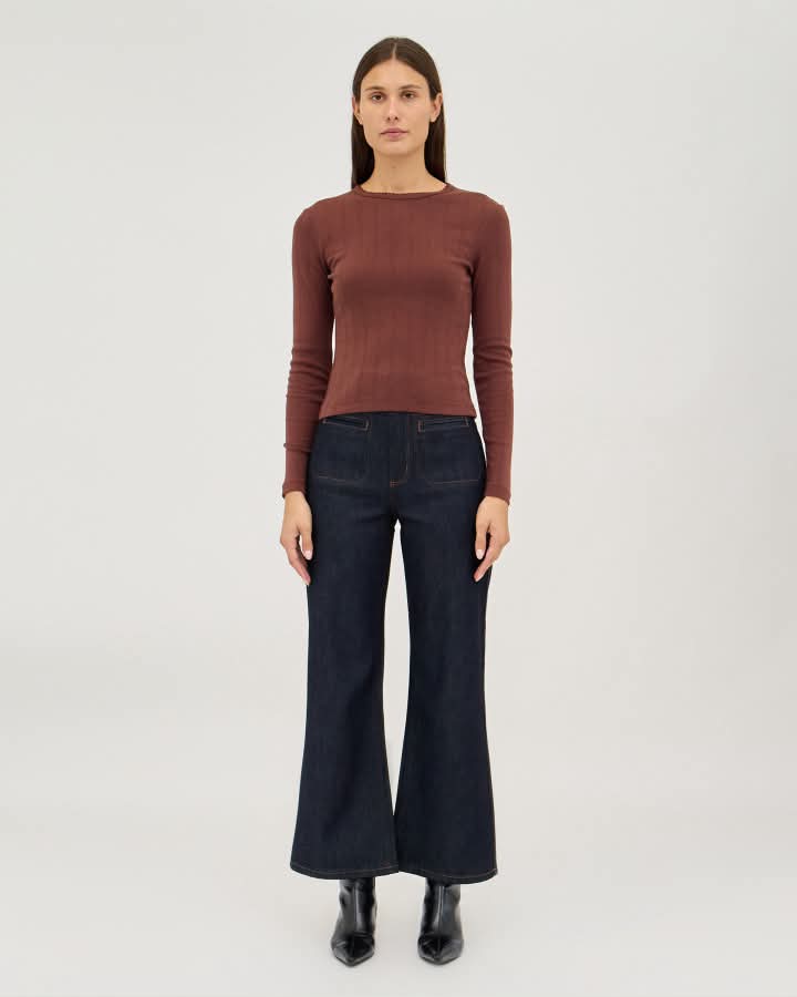 Pointelle Classic Long Sleeve Top - Chocolate