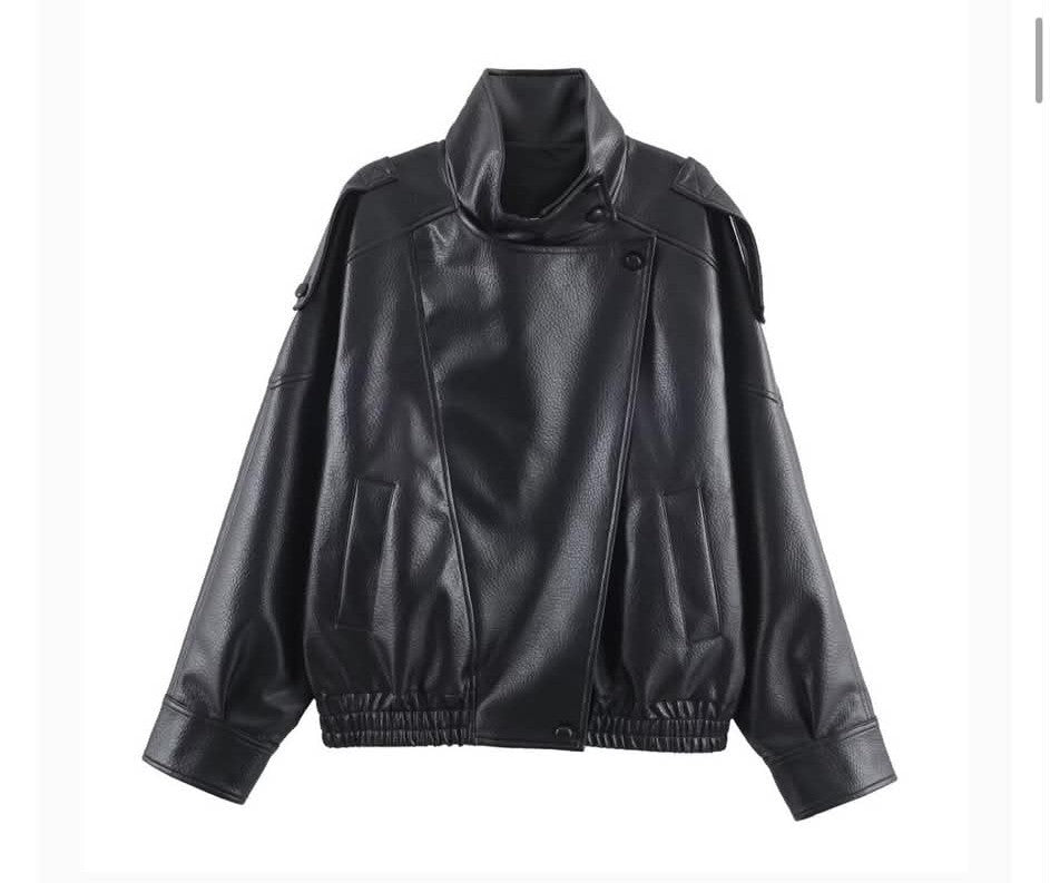 Funnel Neck Leather Jacket – Black