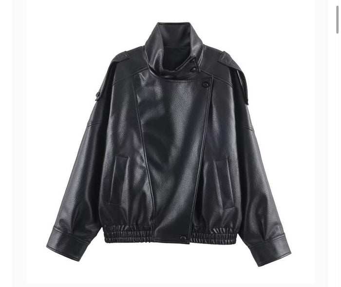 Funnel Neck Leather Jacket – Black