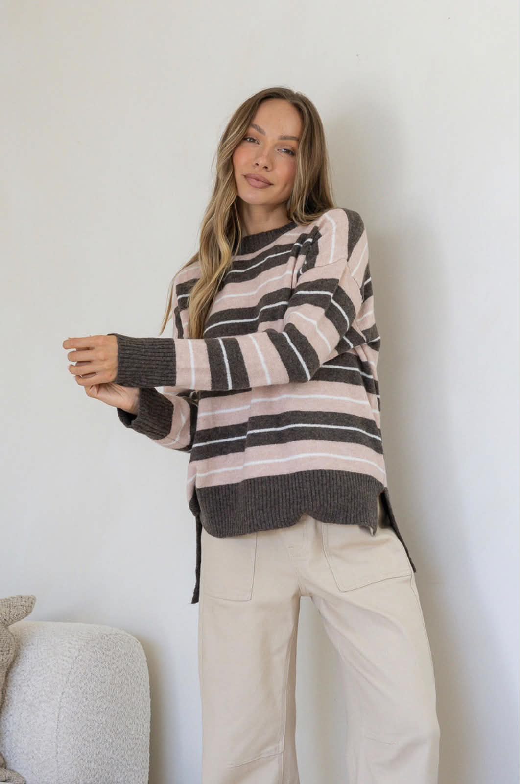 Bedford Stripe Hi Low Slouch Knit – Soft Pink/Mocha