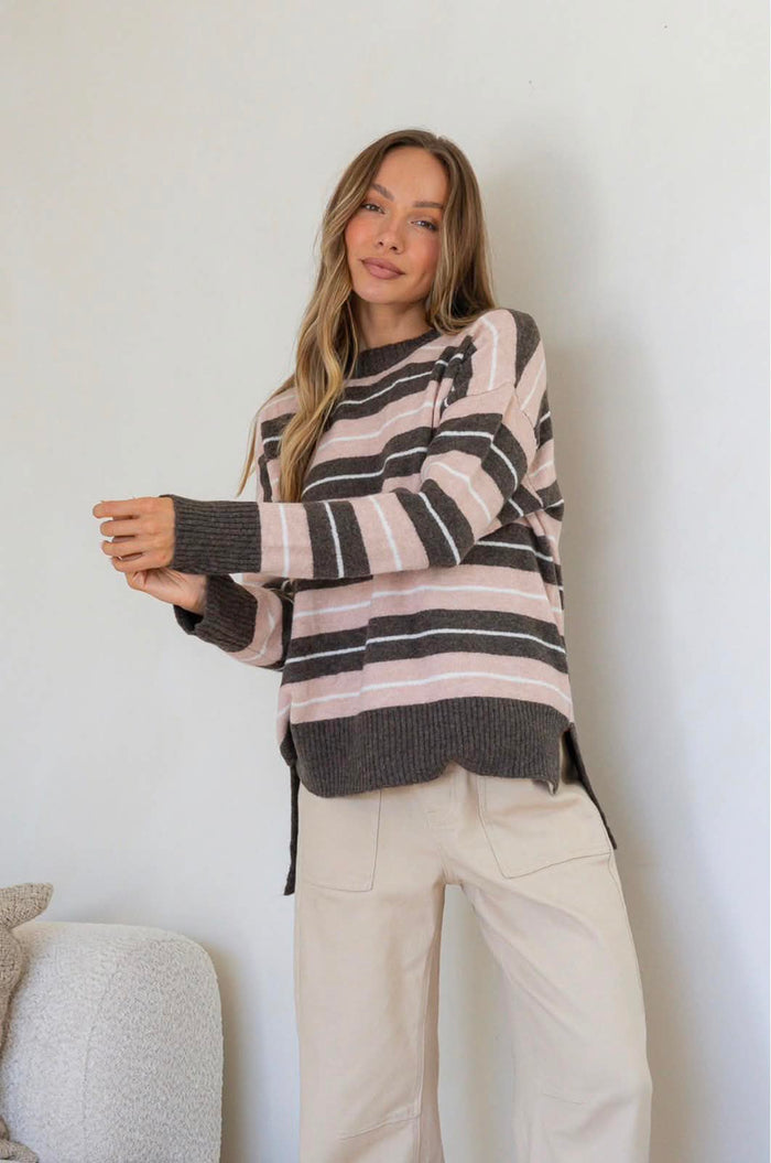 Bedford Stripe Hi Low Slouch Knit – Soft Pink/Mocha