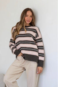 Bedford Stripe Hi Low Slouch Knit – Soft Pink/Mocha