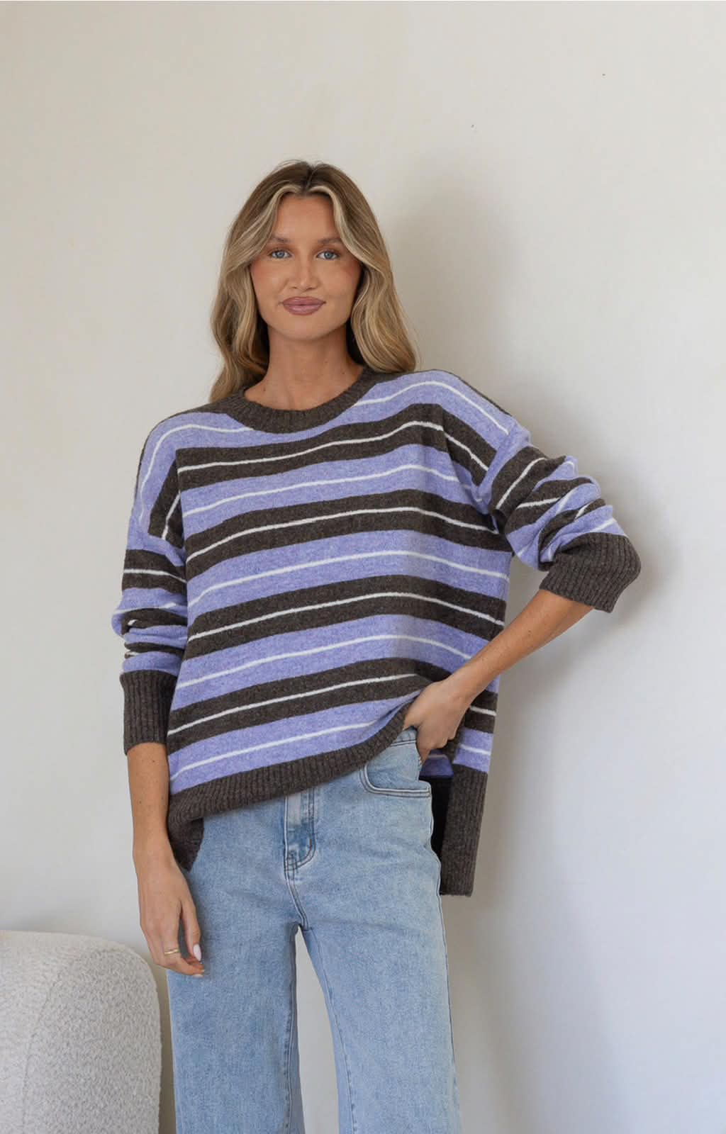Bedford Stripe Hi Low Slouch Knit – Lilac/Mocha
