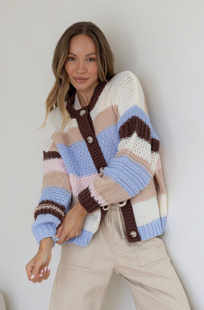 Wool Blend Bastille Chunky Stripe Cardi - Chocolate/pink/blue