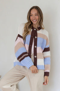 Wool Blend Bastille Chunky Stripe Cardi - Chocolate/pink/blue