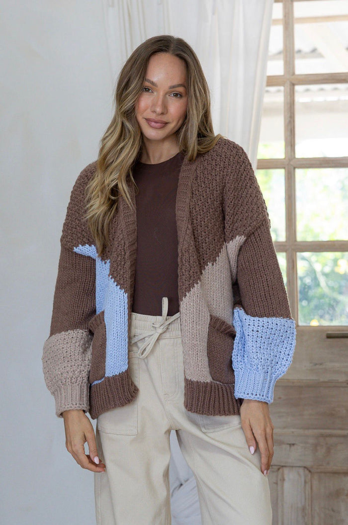 Wool Blend Penelope Colour Block Cardi - Chocolate/Mocha/Powder Blue
