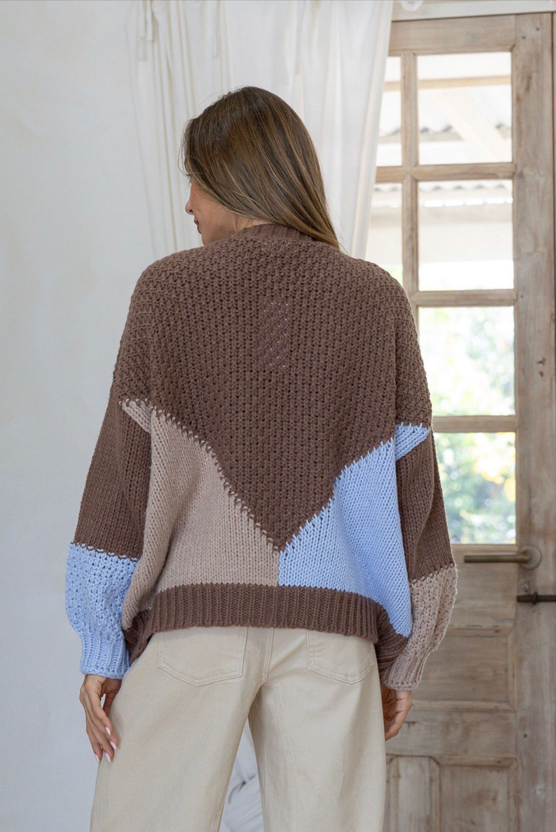 Wool Blend Penelope Colour Block Cardi - Chocolate/Mocha/Powder Blue