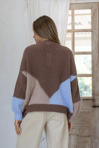 Wool Blend Penelope Colour Block Cardi - Chocolate/Mocha/Powder Blue