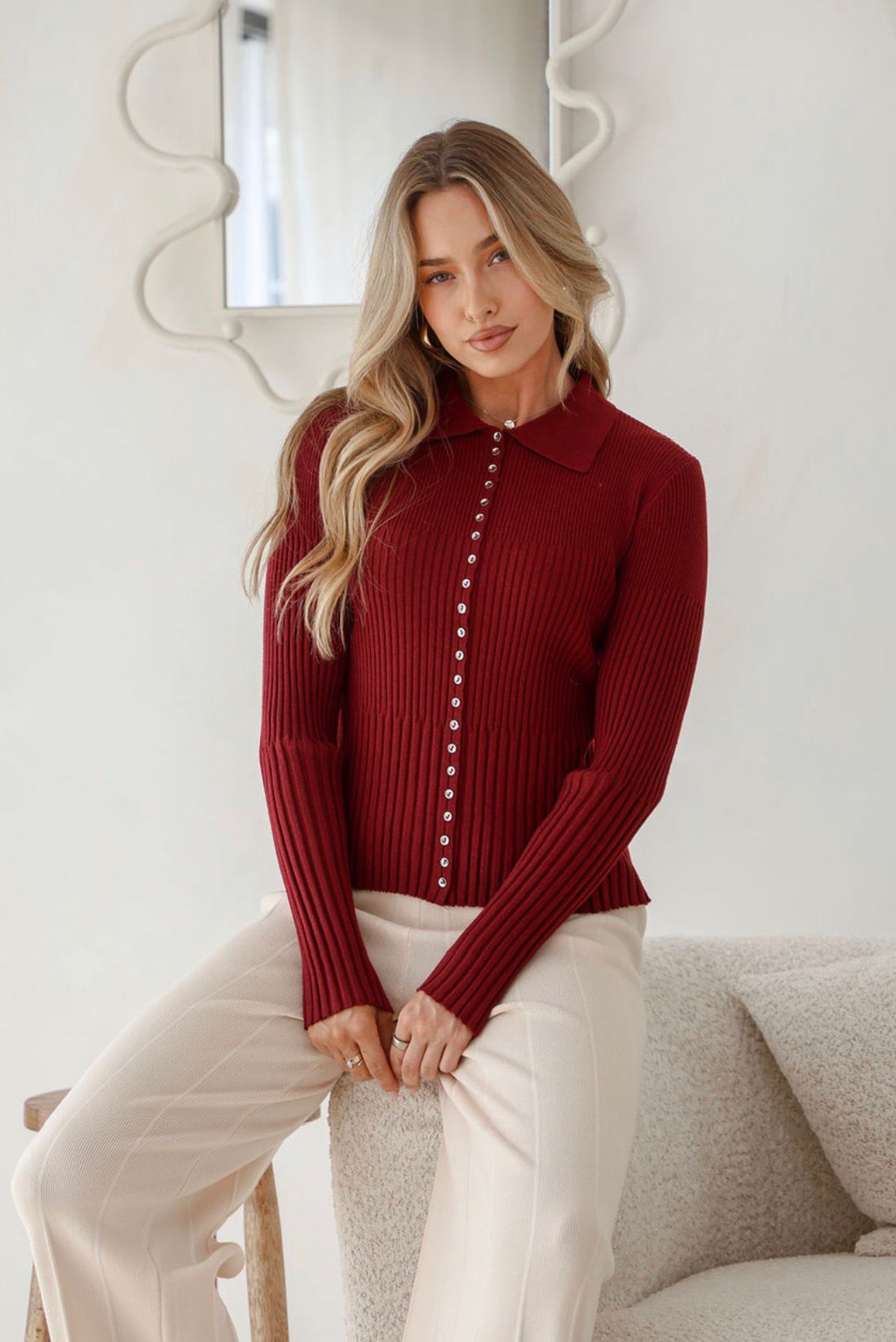 Darling Mayfair Collared Rib Knit – Wine