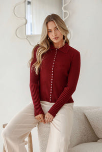 Darling Mayfair Collared Rib Knit – Wine
