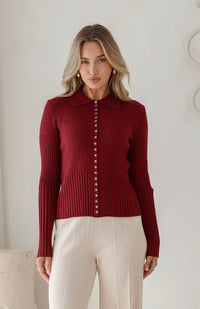Darling Mayfair Collared Rib Knit – Wine