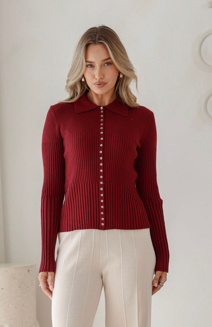 Darling Mayfair Collared Rib Knit – Wine