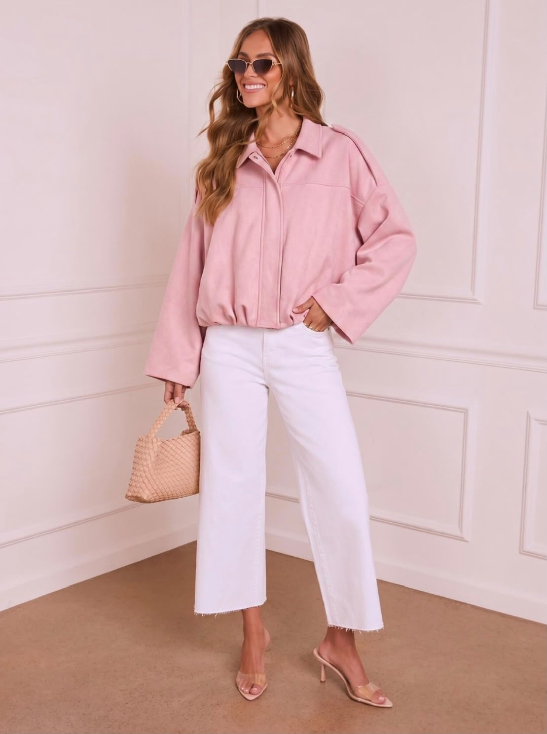 Suede Gather Hem Bomber Jacket - Pink