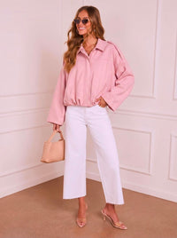 Suede Gather Hem Bomber Jacket - Pink