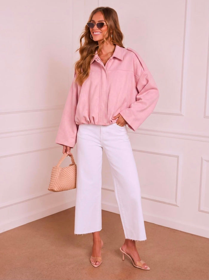 Suede Gather Hem Bomber Jacket - Pink