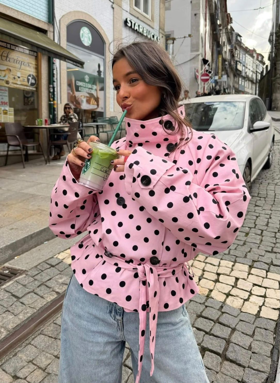 Polka Dot Funnel Neck Trench - Pink