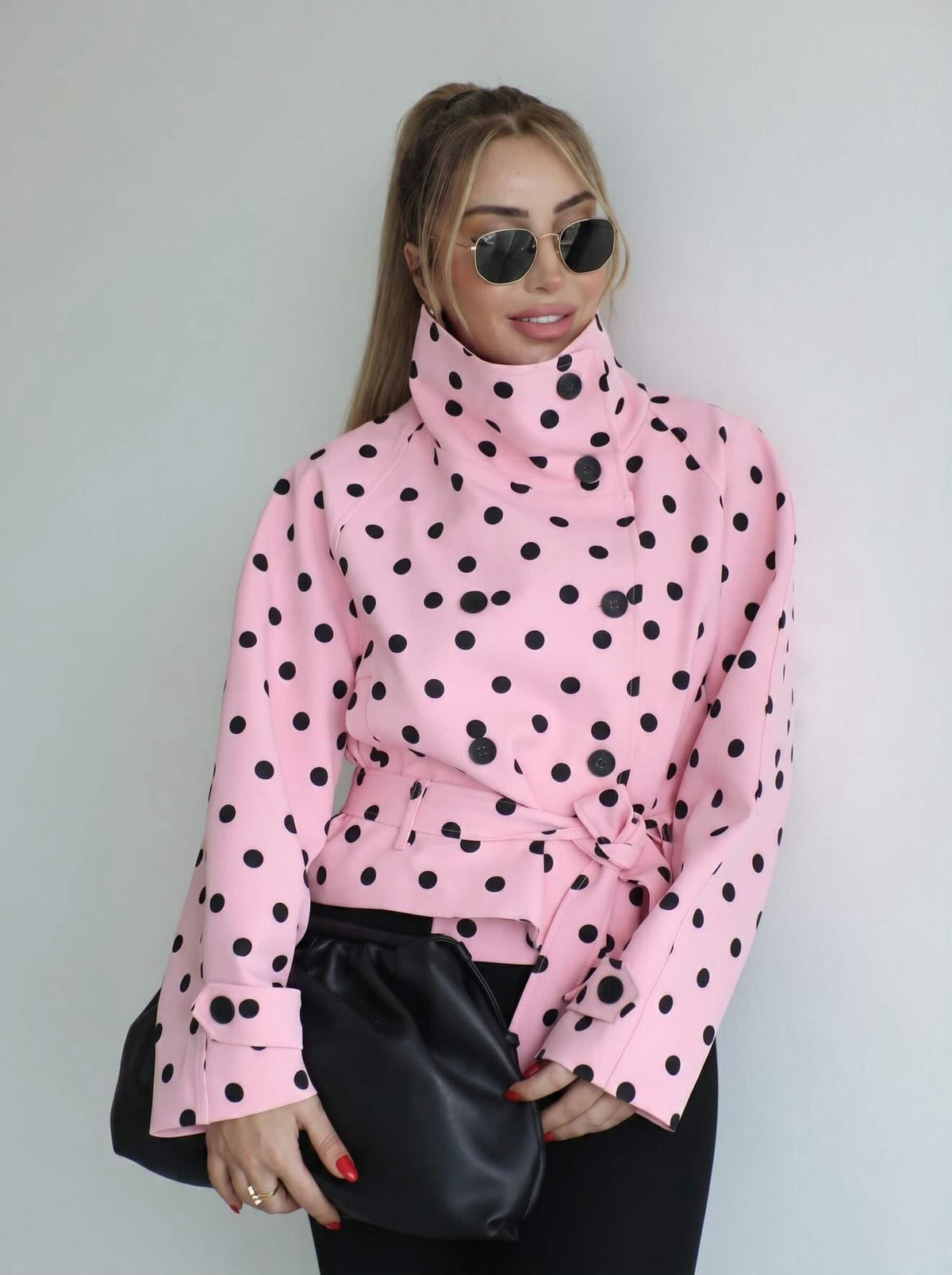 Polka Dot Funnel Neck Trench - Pink