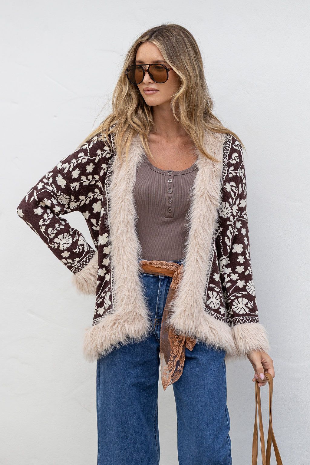 Lombard Fur Trim Knit Jacket - Chocolate