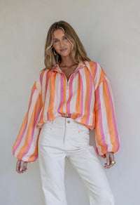 Zip Front Stripe Satin Jacket - Pink/Orange. Sare Store