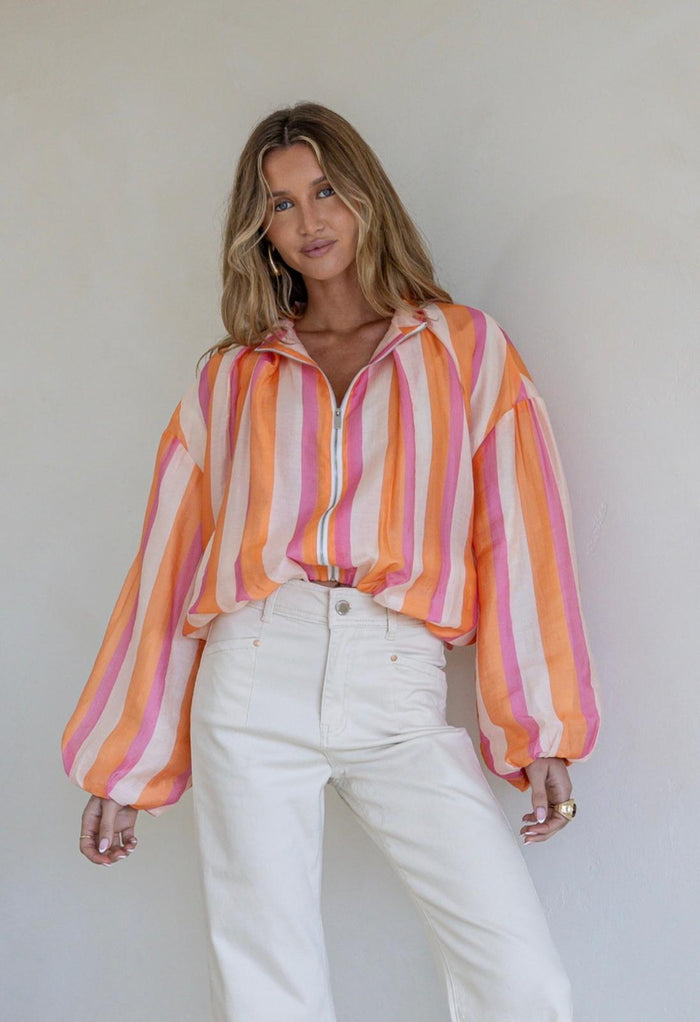 Zip Front Stripe Satin Jacket - Pink/Orange. Sare Store