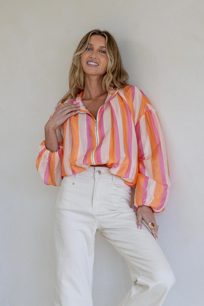 Zip Front Stripe Satin Jacket - Pink/Orange. Sare Store