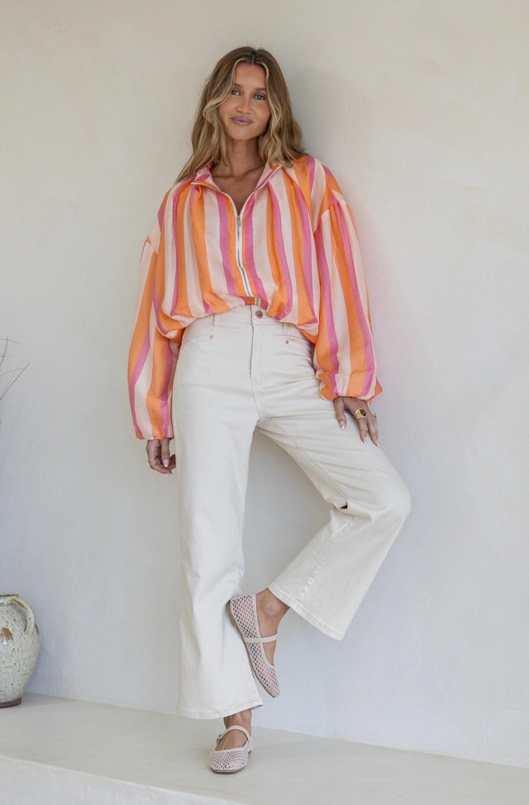 Zip Front Stripe Satin Jacket - Pink/Orange. Sare Store