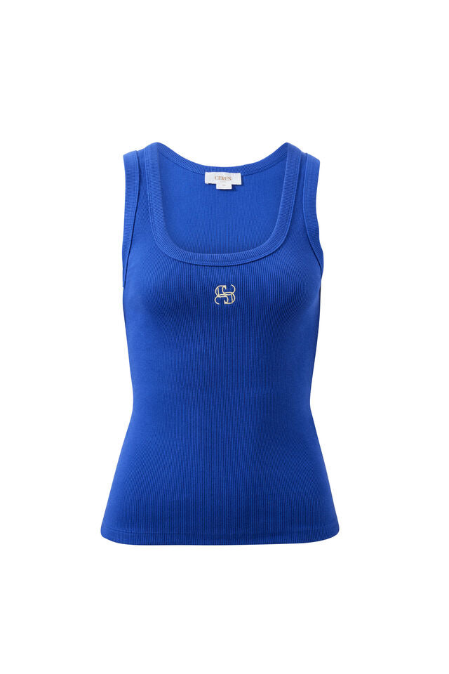 Zoe Contour Rib Scoop Tank - Polo Blue/Butter Monogram. Ceres Life