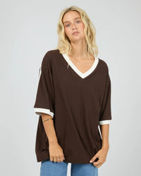 Zulu Panel Oversized V Neck Tee - Brown