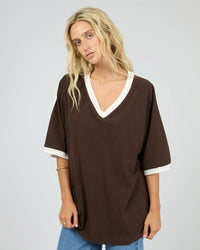 Zulu Panel Oversized V Neck Tee - Brown
