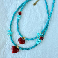 Semiprecious Howlite Turquoise Beads Necklace with Red Heart