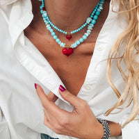 Semiprecious Howlite Turquoise Beads Necklace with Red Heart