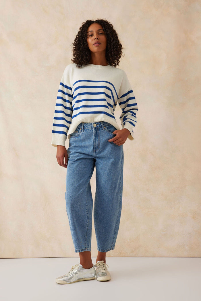 Boxy Knit With Embroidery - White/Bright Blue Stripe - Sare StoreCeres LifeKnit