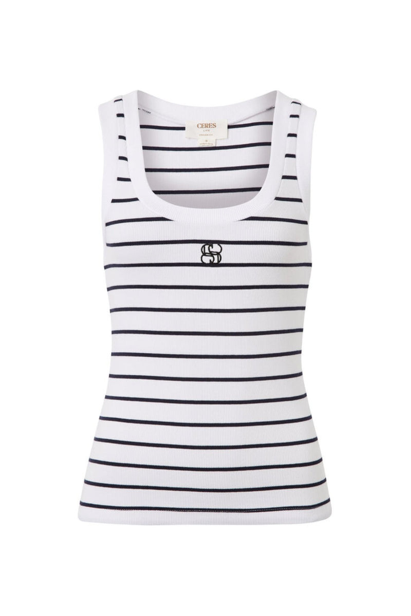 Contour Rib Scoop Tank - White/New Navy Monogram Embroidery - Sare StoreCeres LifeTank