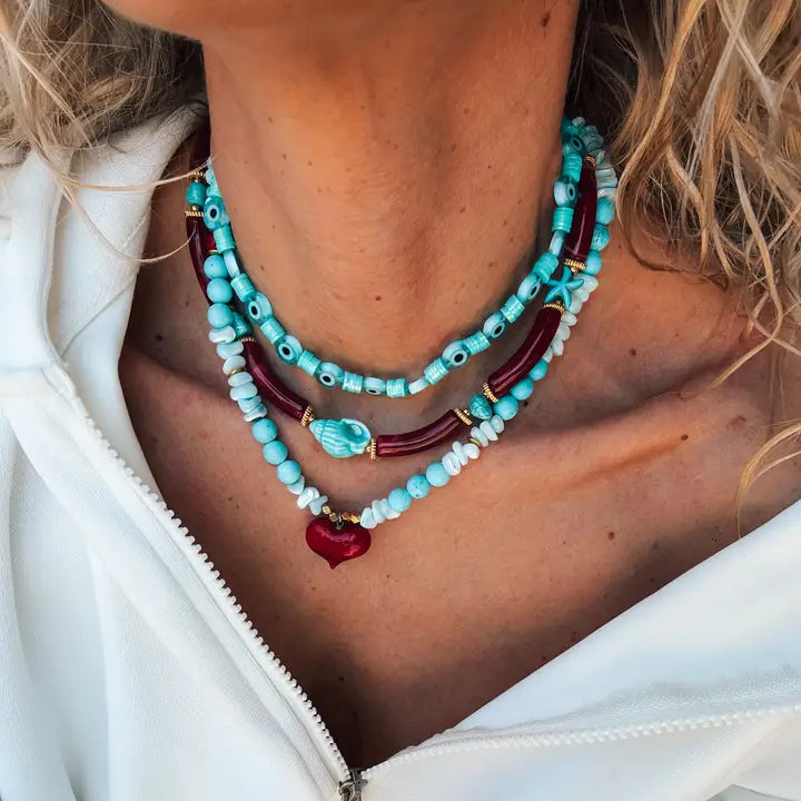 Turquoise & Cherry Red Beaded Necklace