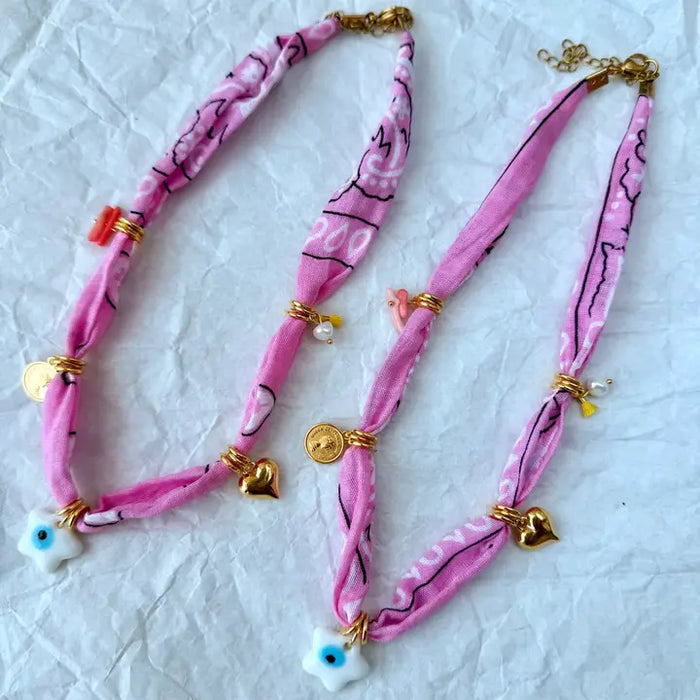 Bohemian Pink Bandana Scarf and Colorful Beaded Necklace