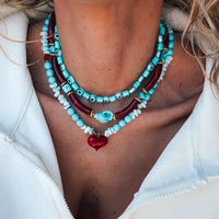 Turquoise & Cherry Red Beaded Necklace