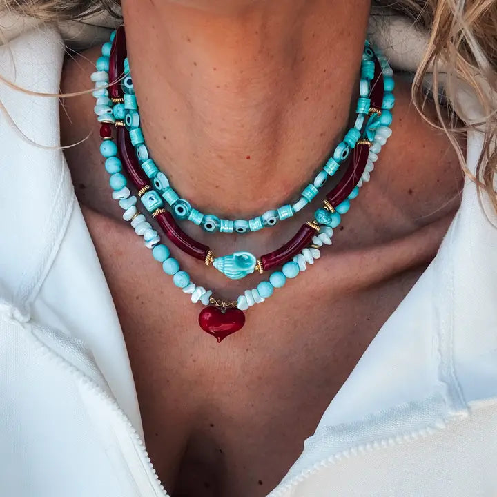 Turquoise & Cherry Red Beaded Necklace