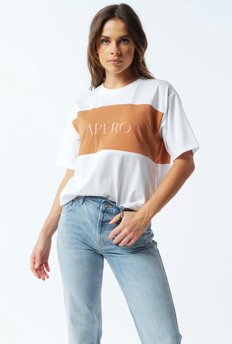 Dual Panel Embroidered Tee - White / Tan / Pink - Sare StoreApero LabelT-shirt