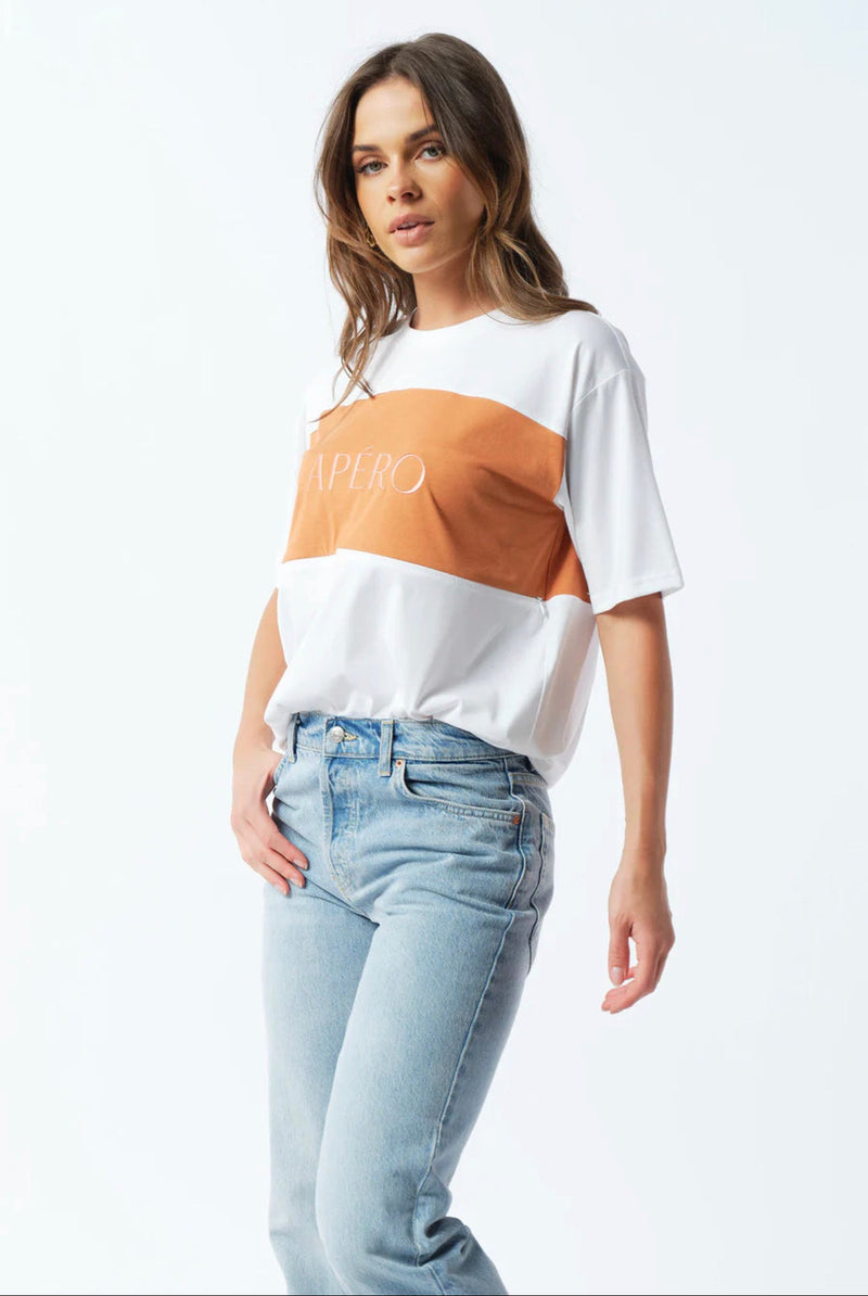 Dual Panel Embroidered Tee - White / Tan / Pink - Sare StoreApero LabelT-shirt